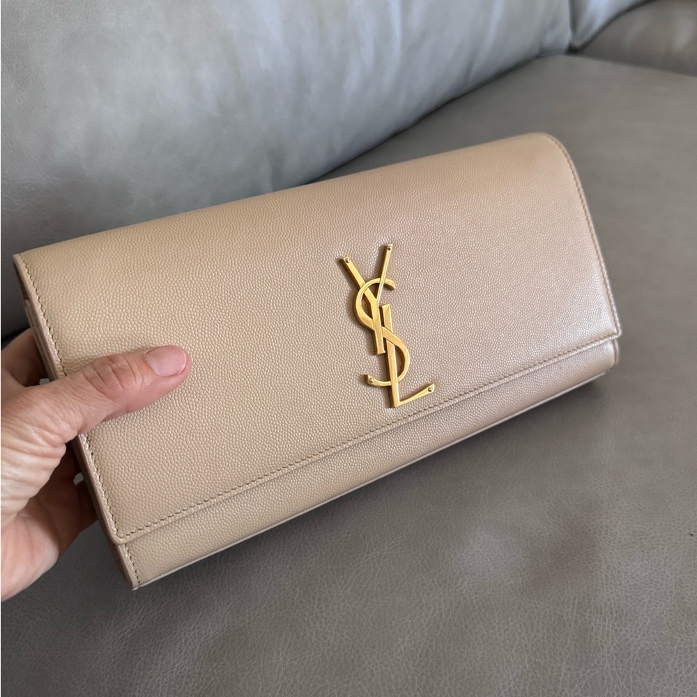 Yves Saint Laurent Gold Logo Beige Clutch